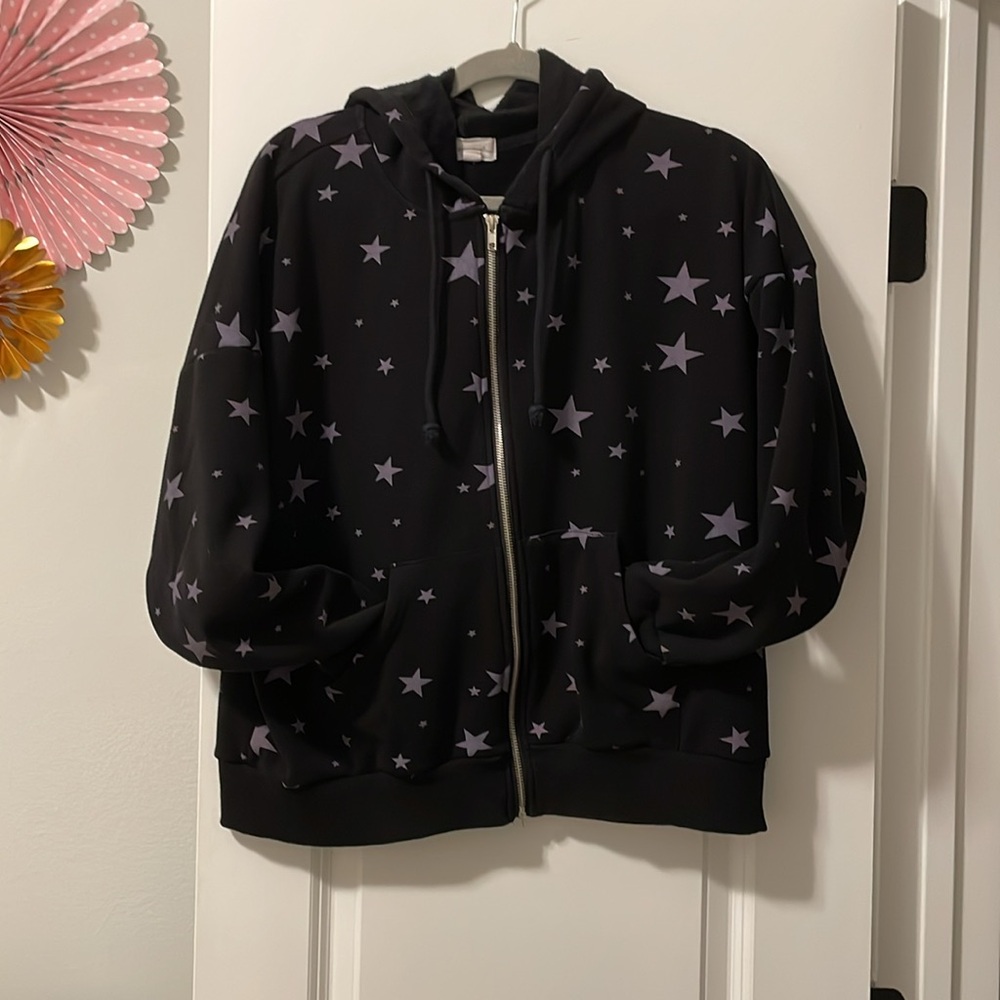 JAK & RAE Black Zippered Hoodie with Grey Stars Size L